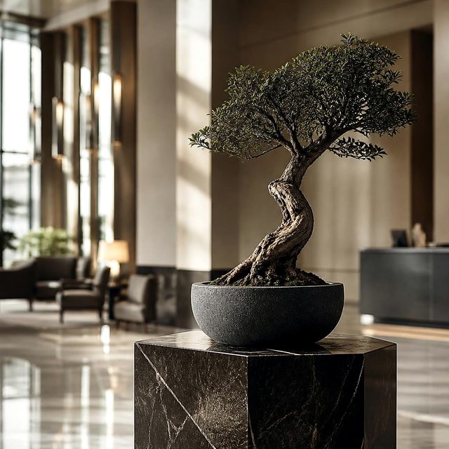 A bonsai tree on a stone plinth in a bright marble lobby