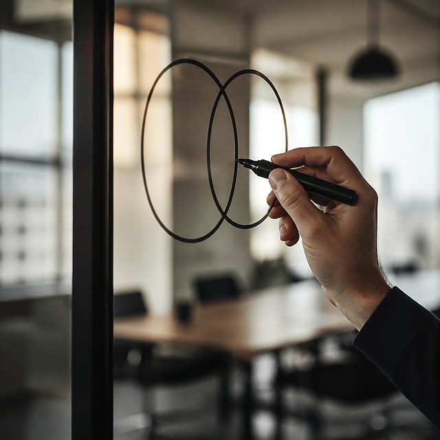 A hand drawing two overlapping circles on glass