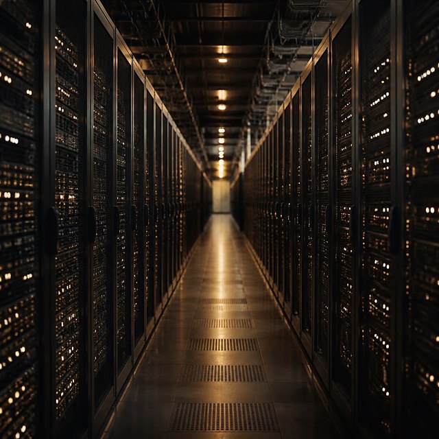 A corridor of server racks in a data centre