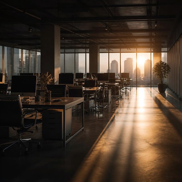 An empty office floor at dawn