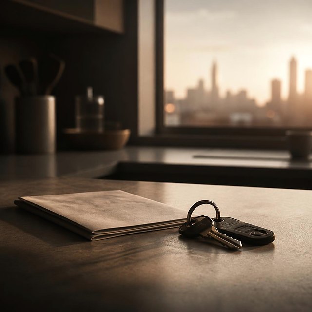 House keys and a letter on a kitchen bench