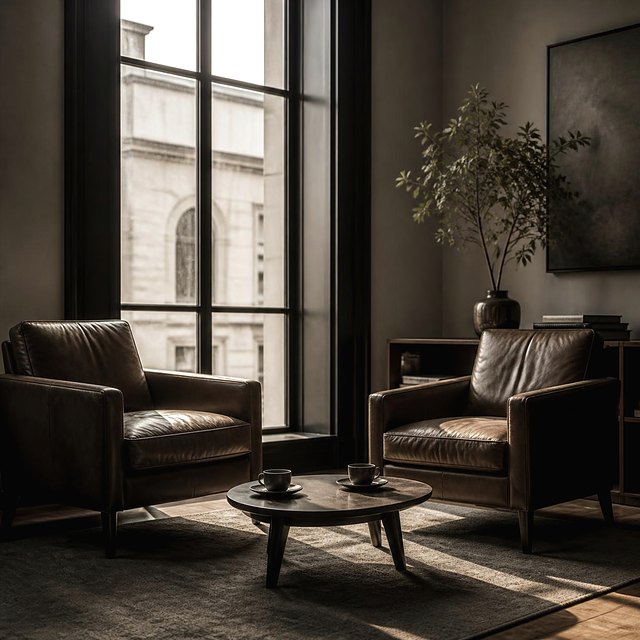 Two armchairs by a window with coffee between them