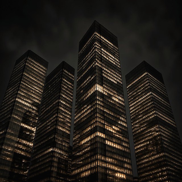 Four office towers lit at night