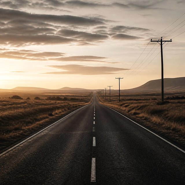 A long straight road to the horizon at first light
